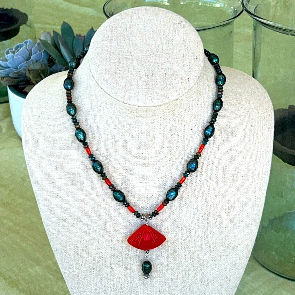 Handmade Artisan Pearl Necklace with Carved Fan Drop